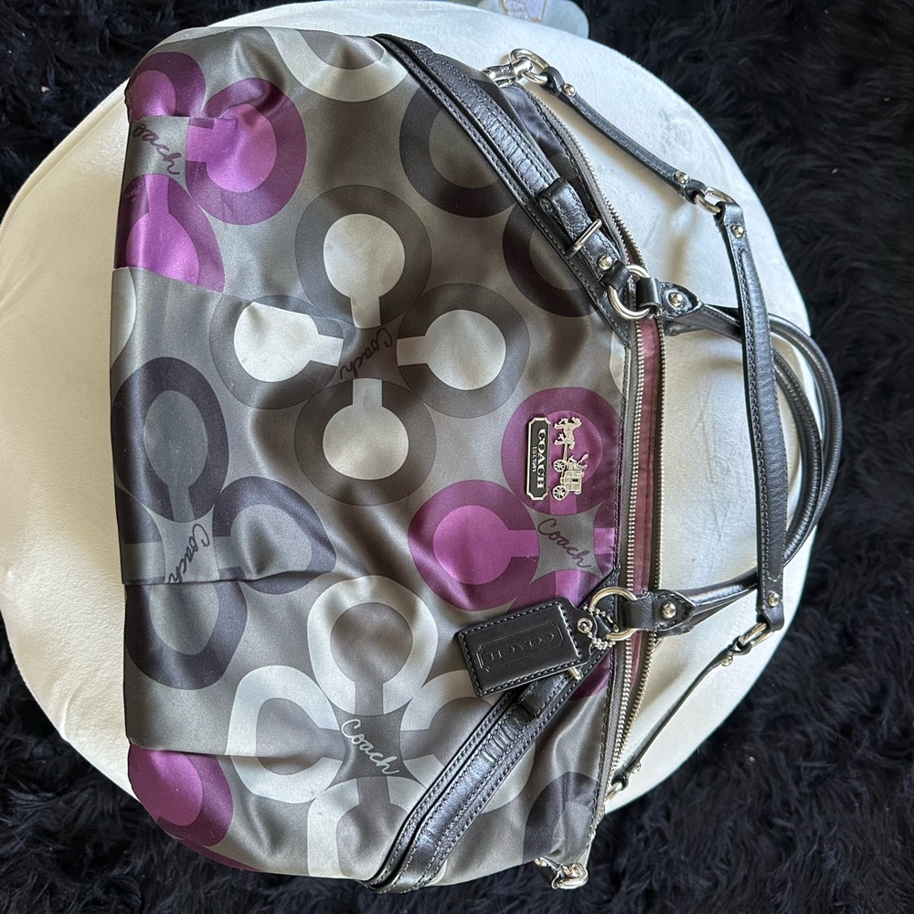 Coach Gray and Purple Shoulder Bag with Signature Monogram
